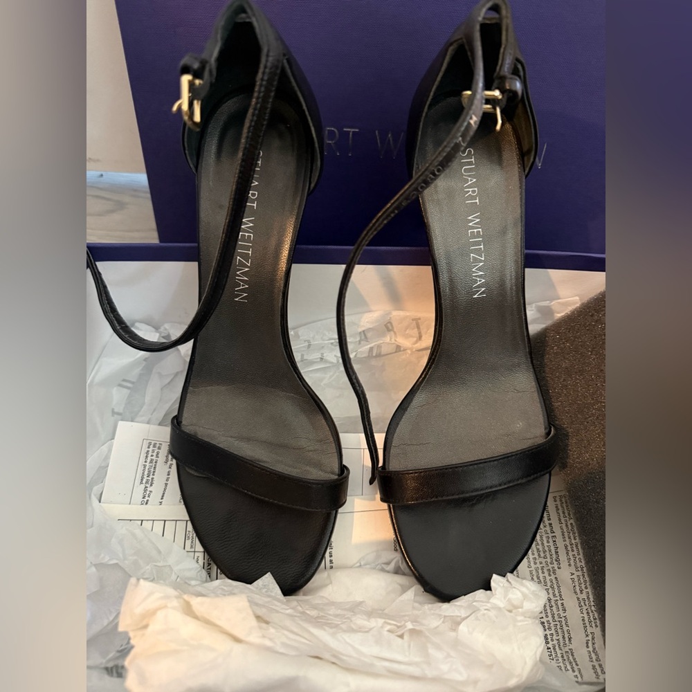 Stuart Weitzman Nunaked Black Nappa Strappy Shoes Size 7 - Picture 2 of 6